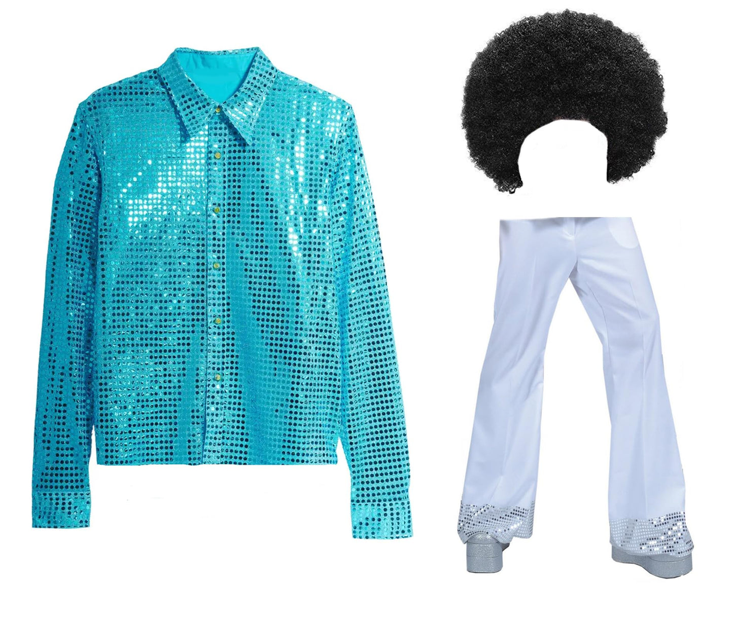 MJPARTY Mens 70s 80s Rock Disco Costume Blue Shirt White Flares Pants Sequin Disco Ball Fancy Dress With Wig