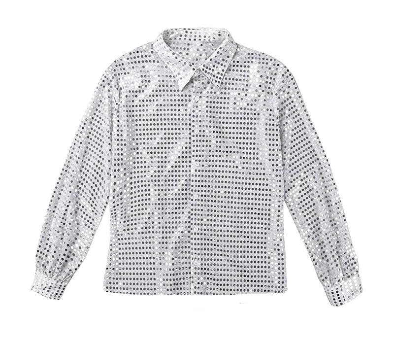 MJPARTY Mens 70s 80s Rock Disco Costume Silver Shirt Black Flares Pants Sequin Disco Ball Fancy Dress Wig Included