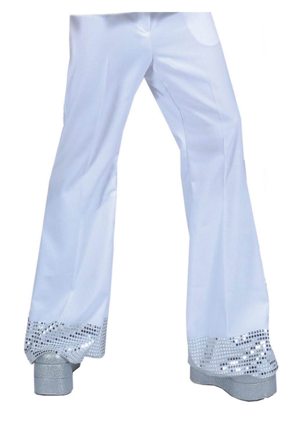 MJPARTY Mens 70s 80s Rock Disco Costume Blue Shirt White Flares Pants Sequin Disco Ball Fancy Dress With Wig