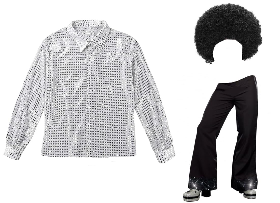 MJPARTY Mens 70s 80s Rock Disco Costume Silver Shirt Black Flares Pants Sequin Disco Ball Fancy Dress Wig Included