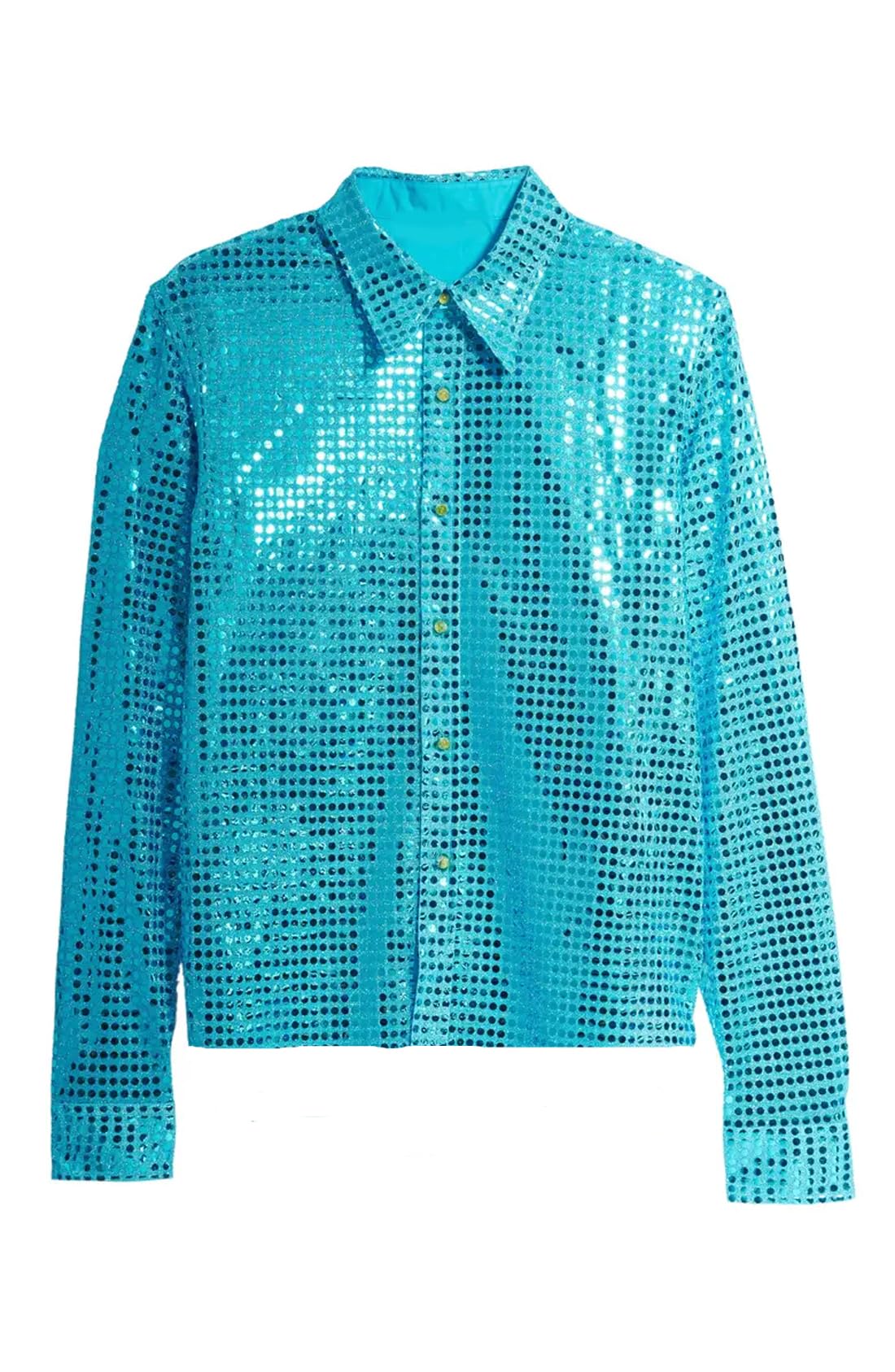 MJPARTY Mens 70s 80s Rock Disco Costume Blue Shirt White Flares Pants Sequin Disco Ball Fancy Dress With Wig