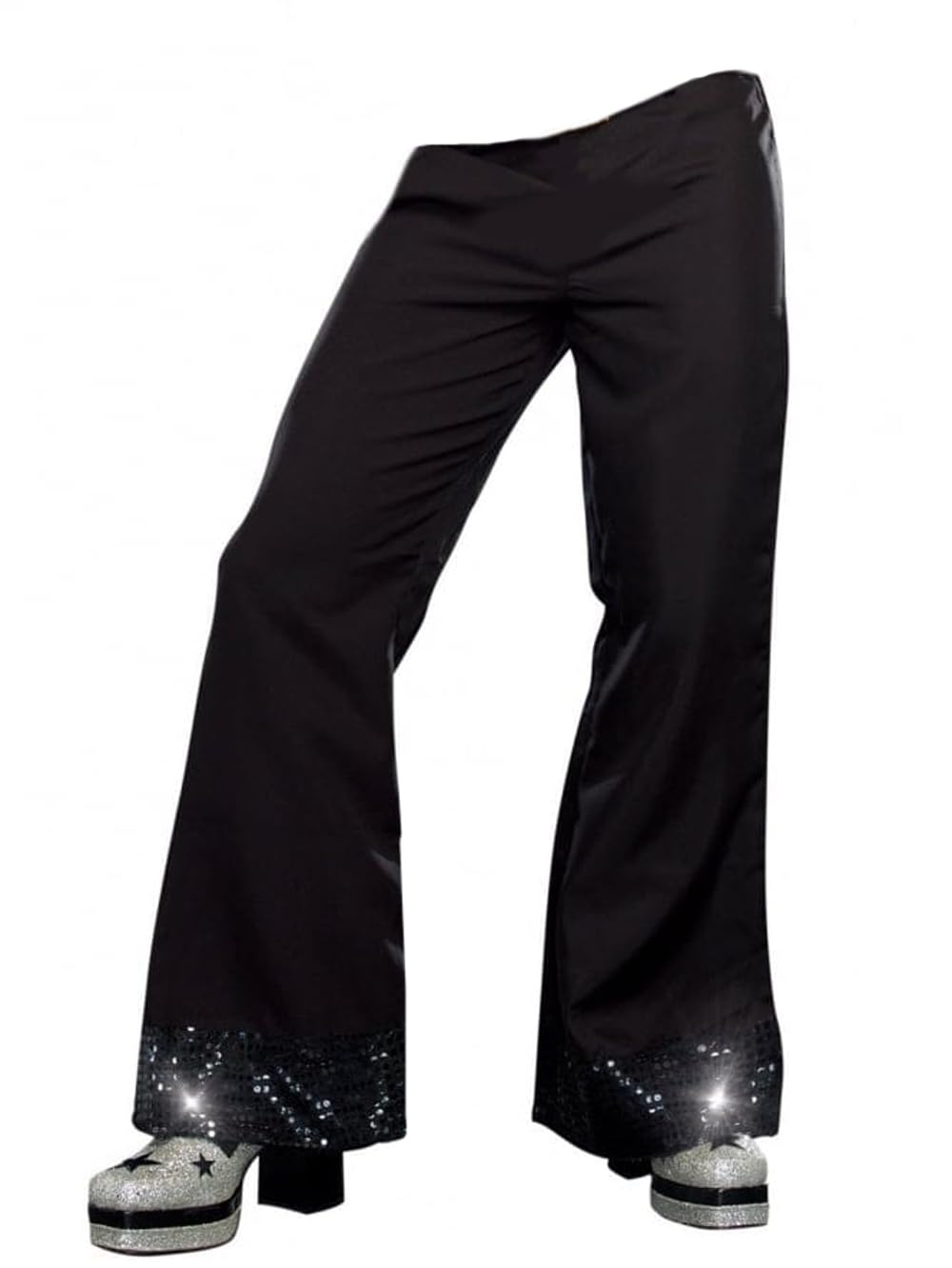 MJPARTY Mens 70s 80s Rock Disco Costume Silver Shirt Black Flares Pants Sequin Disco Ball Fancy Dress Wig Included